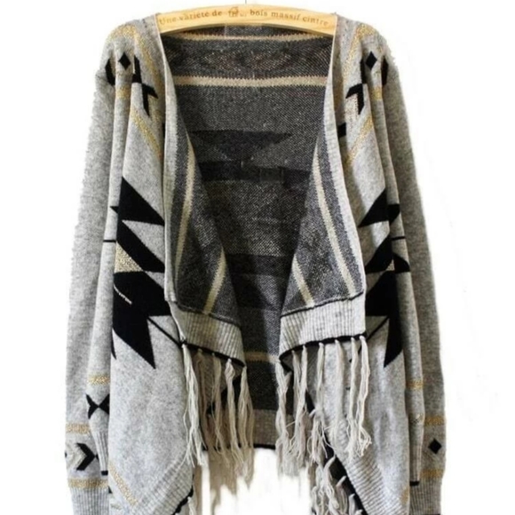 Jackets & Blazers - Aztec knitted fringe poncho/jacket